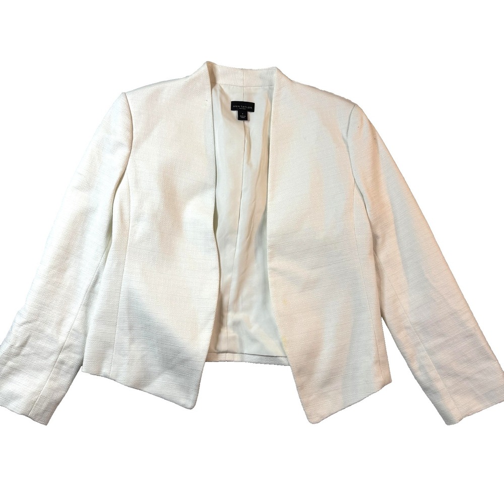 Ann Taylor Blazer Womens 0 White Collarless Woven Open Front Lined Office Career